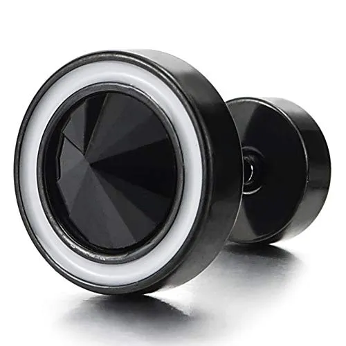 Men Womens Black Circle Stud Earrings Spiked Gem Stone White Enamel, Steel Cheater Fake Ear Illusion