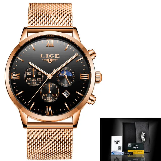 Men's Casual Mesh Steel Gold Waterproof Sport Watch