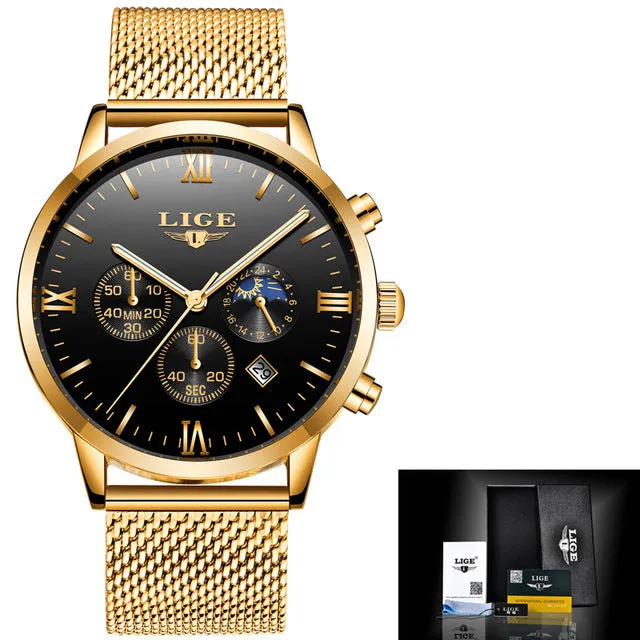 Men's Casual Mesh Steel Gold Waterproof Sport Watch