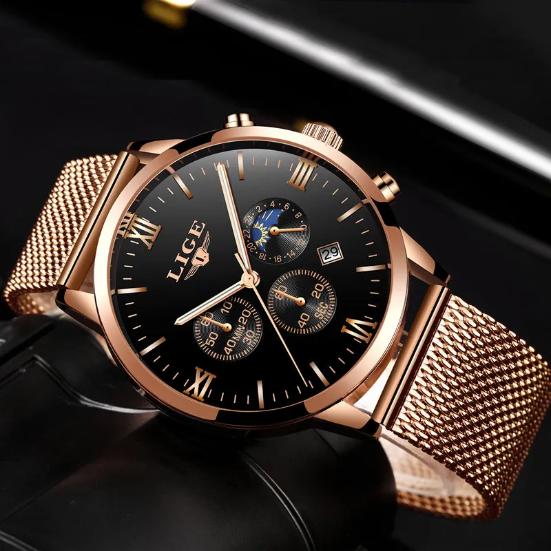 Men's Casual Mesh Steel Gold Waterproof Sport Watch