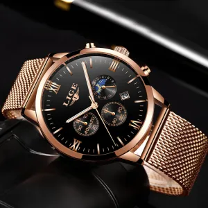 Men's Casual Mesh Steel Gold Waterproof Sport Watch