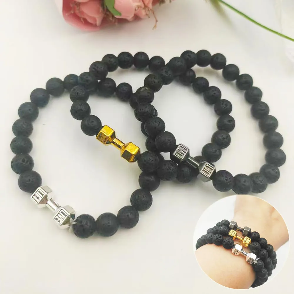 Men's Jewelry Alloy Metal Barbell & Lava Rock Stone Beads