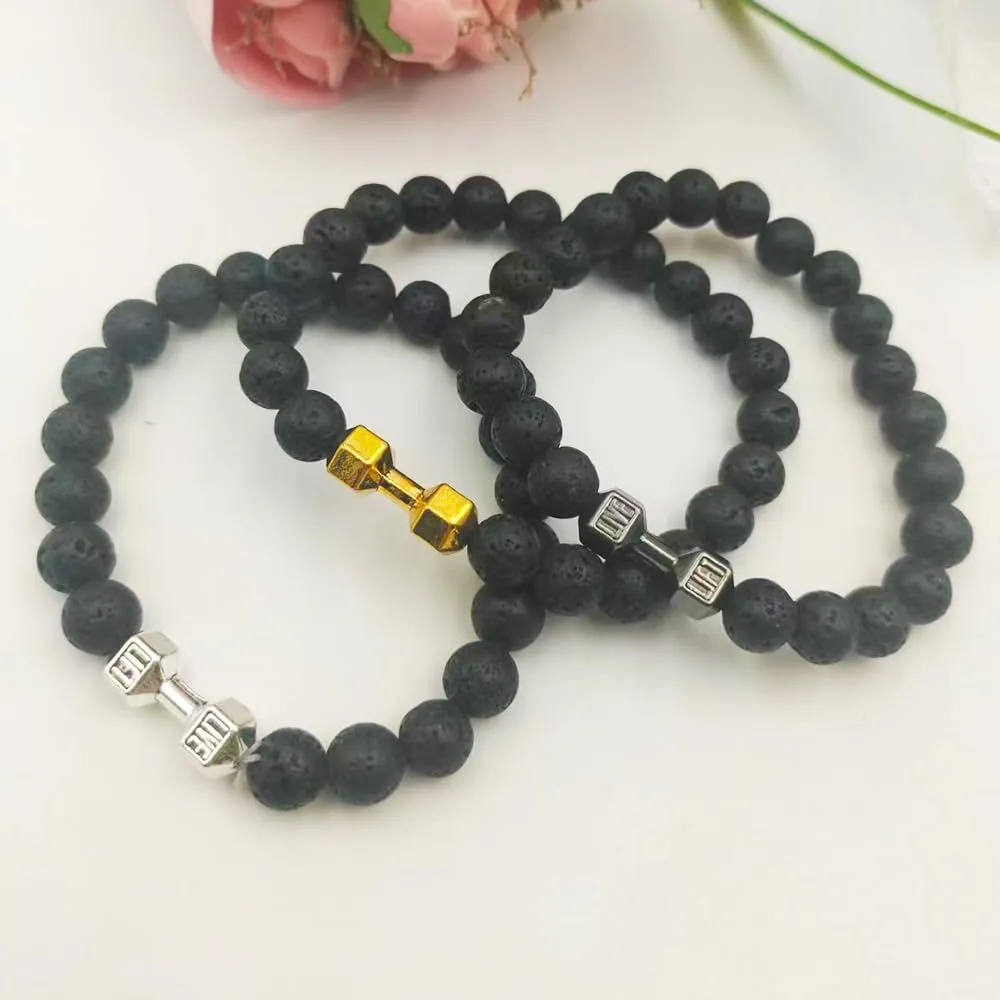 Men's Jewelry Alloy Metal Barbell & Lava Rock Stone Beads