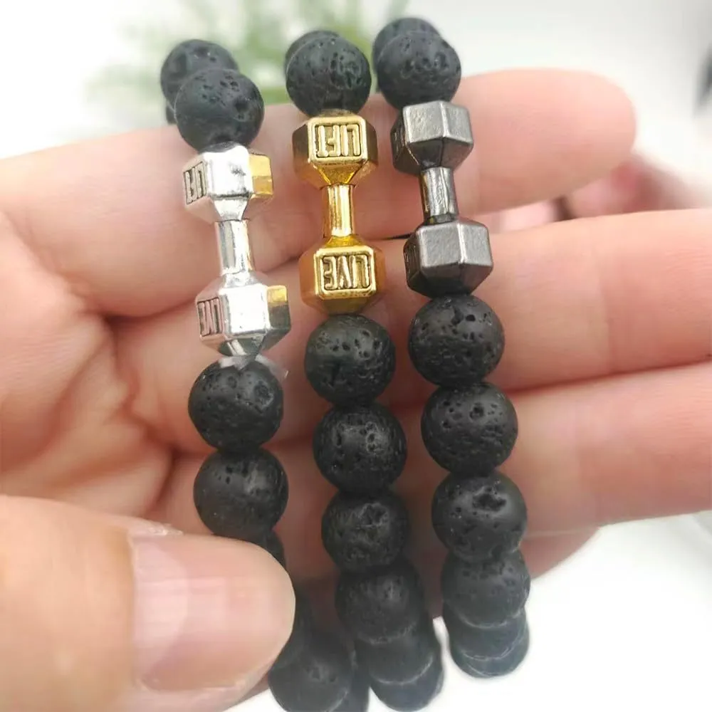 Men's Jewelry Alloy Metal Barbell & Lava Rock Stone Beads