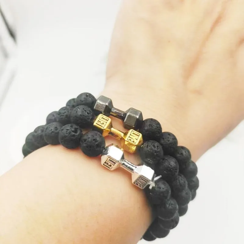 Men's Jewelry Alloy Metal Barbell & Lava Rock Stone Beads