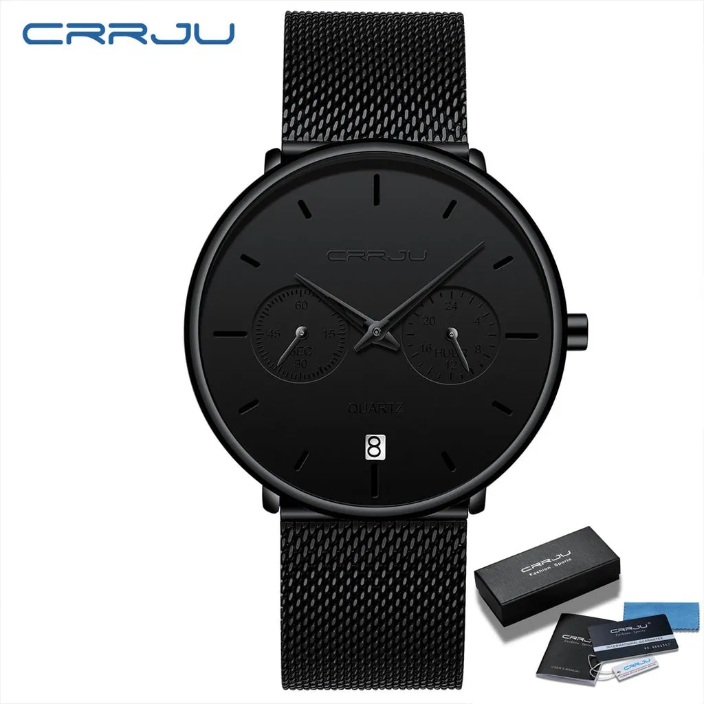 Mens Watches CRRJU Full Steel Casual Waterproof Watch for Man Sport Quartz Watch Men's Dress Calendar Watch Relogio Masculino