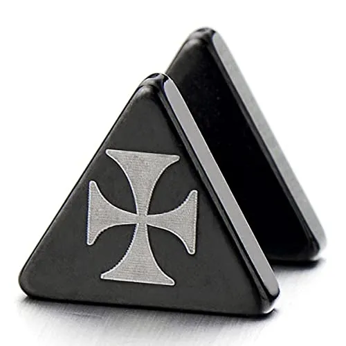 Mens Women Black Triangle Stud Earrings Stainless Steel Cheater Fake Ear Plugs Gauges with Cross, 2pcs