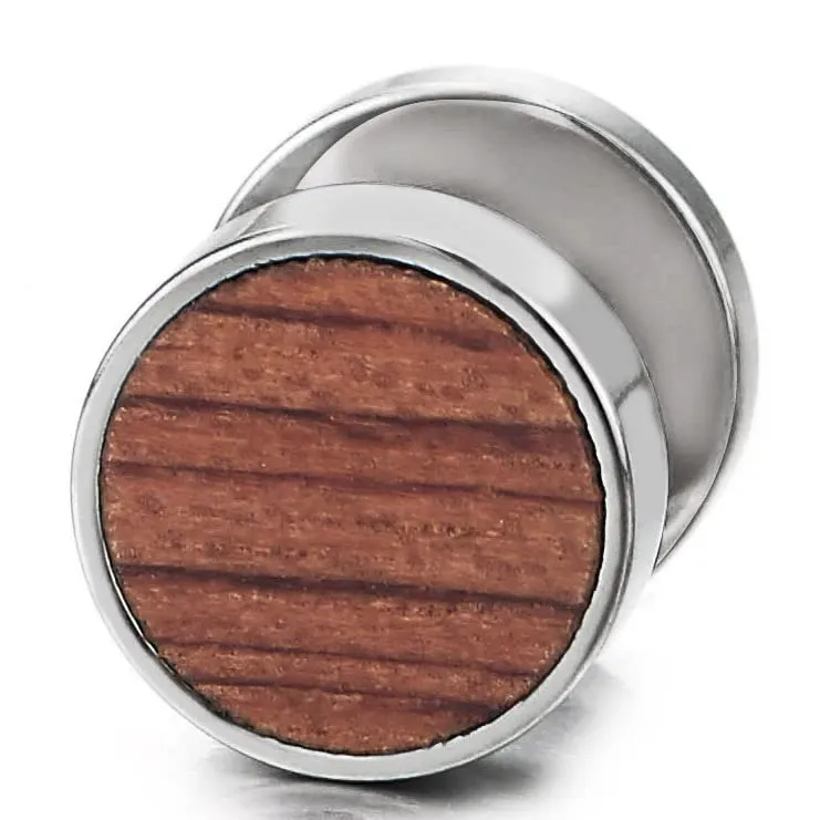 Mens Women Circle Stud Earrings with Wood, Steel Cheater Fake Ear Plugs Gauges Illusion Tunnel