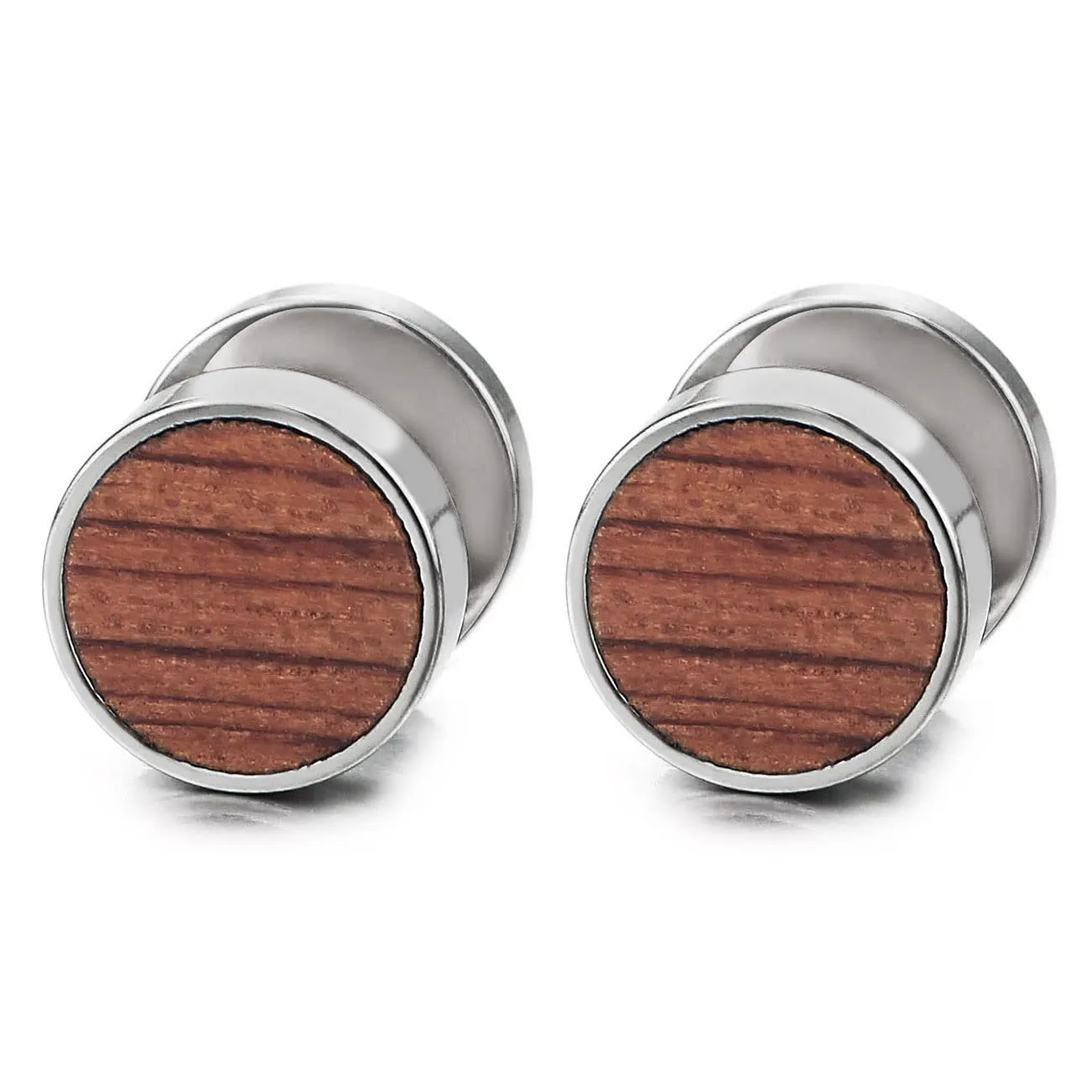 Mens Women Circle Stud Earrings with Wood, Steel Cheater Fake Ear Plugs Gauges Illusion Tunnel