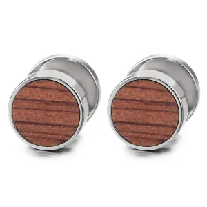 Mens Women Circle Stud Earrings with Wood, Steel Cheater Fake Ear Plugs Gauges Illusion Tunnel