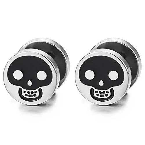 Mens Womens Steel Skull Circle Stud Earrings Black Enamel, Steel Cheater Fake Ear Plug Gauges Tunnel