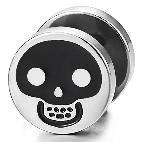 Mens Womens Steel Skull Circle Stud Earrings Black Enamel, Steel Cheater Fake Ear Plug Gauges Tunnel