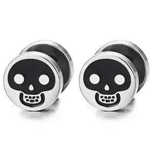 Mens Womens Steel Skull Circle Stud Earrings Black Enamel, Steel Cheater Fake Ear Plug Gauges Tunnel