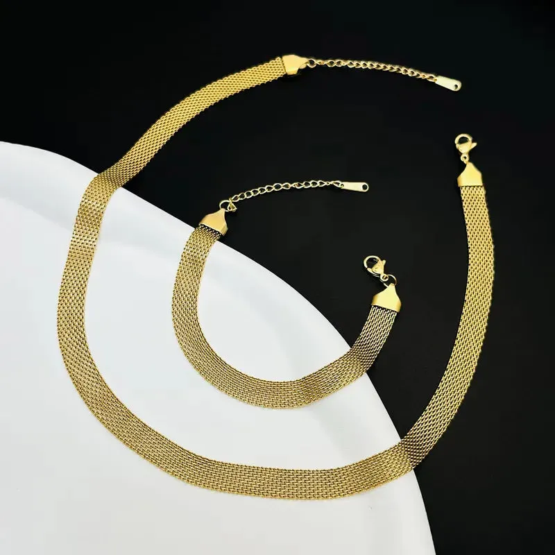Mesh Bracelets Necklace Jewelry Set 304 Stainless Steel 18K Gold Plated Plating