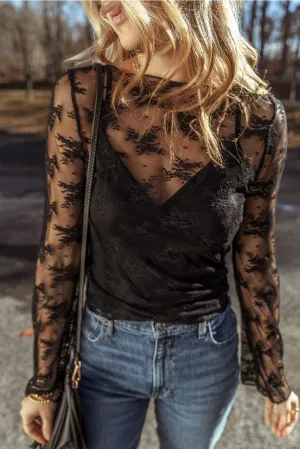 Moonlit Lace Blouse – Black Mesh Long Sleeve Top