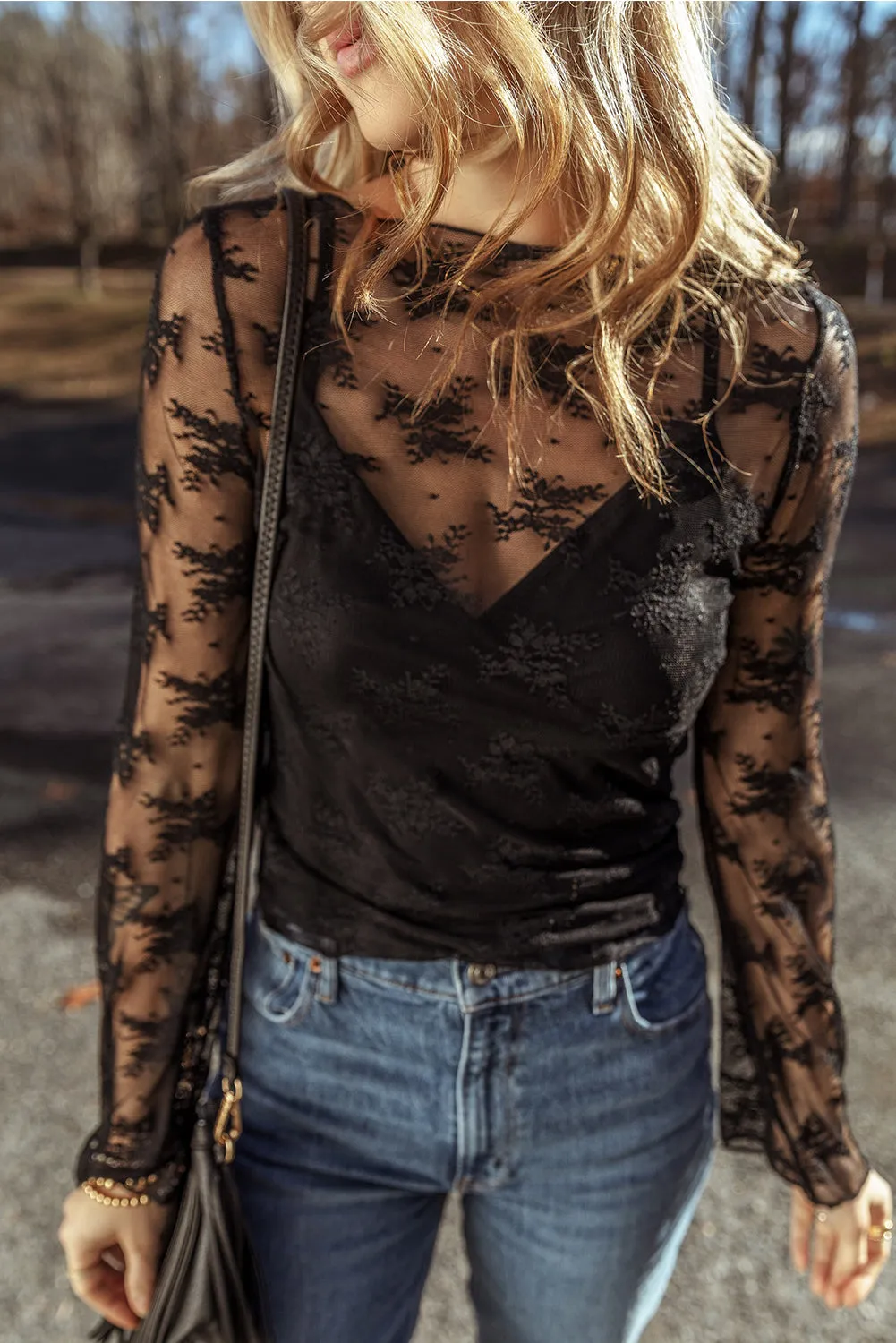 Moonlit Lace Blouse – Black Mesh Long Sleeve Top