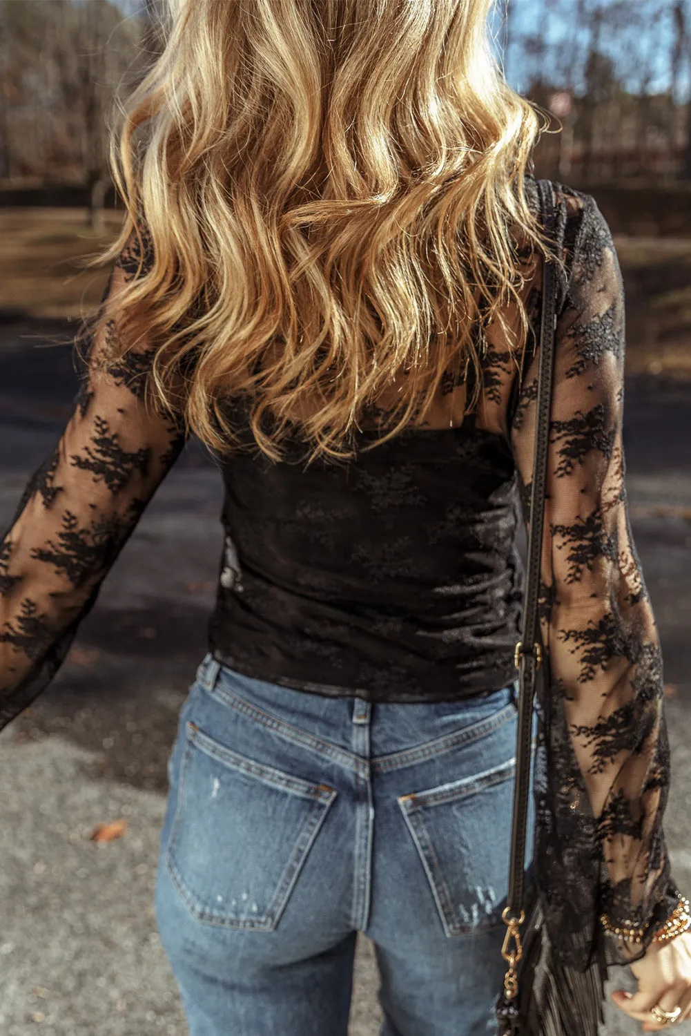 Moonlit Lace Blouse – Black Mesh Long Sleeve Top