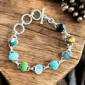 Multi Gemstone Solid 925 Sterling Silver Bracelet
