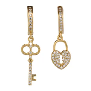 My Heart Is Yours Key & Heart Lock Gold Plated Diamond Earrings