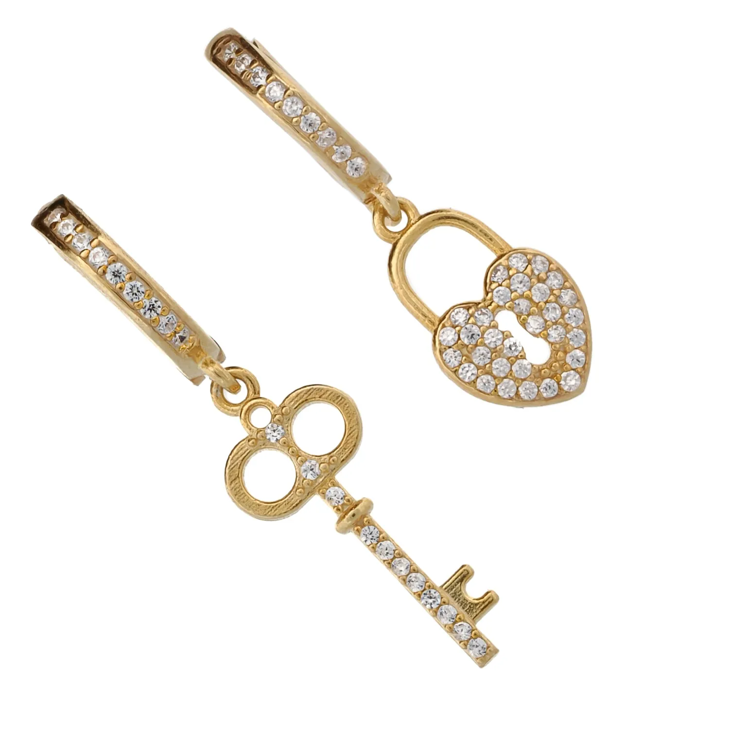 My Heart Is Yours Key & Heart Lock Gold Plated Diamond Earrings