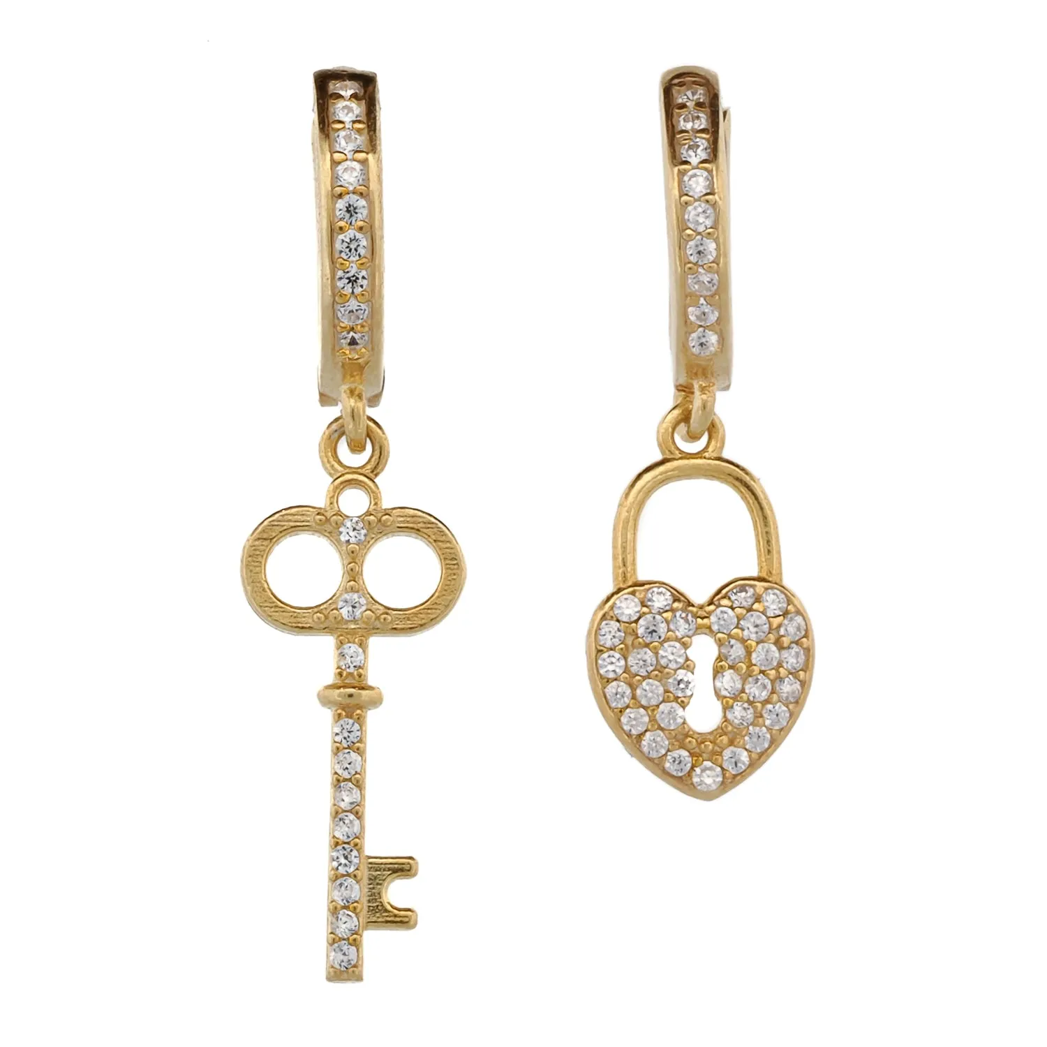 My Heart Is Yours Key & Heart Lock Gold Plated Diamond Earrings