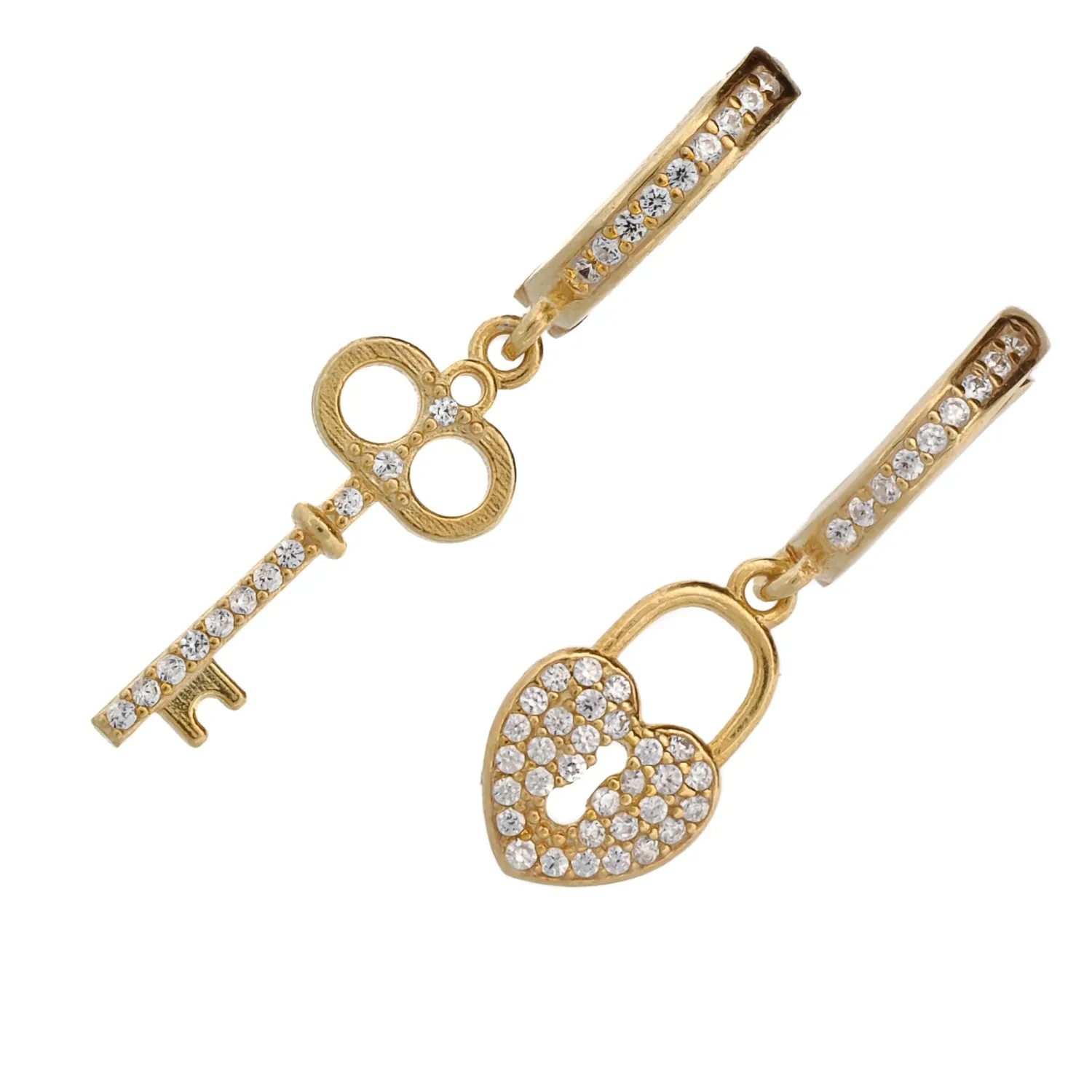 My Heart Is Yours Key & Heart Lock Gold Plated Diamond Earrings