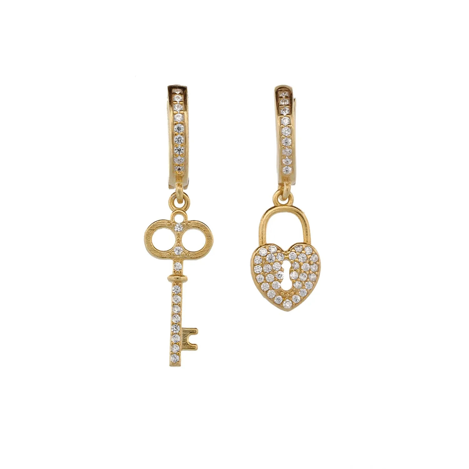 My Heart Is Yours Key & Heart Lock Gold Plated Diamond Earrings