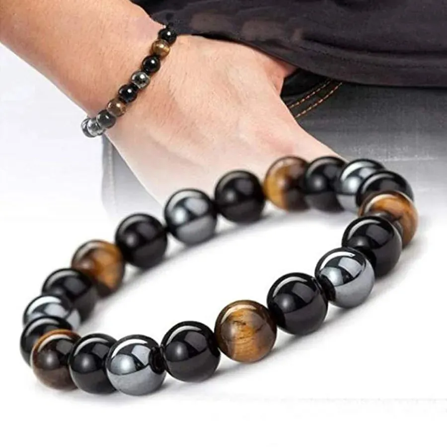 Natural Black Obsidian Hematite Tiger Eye Bead Bracelet