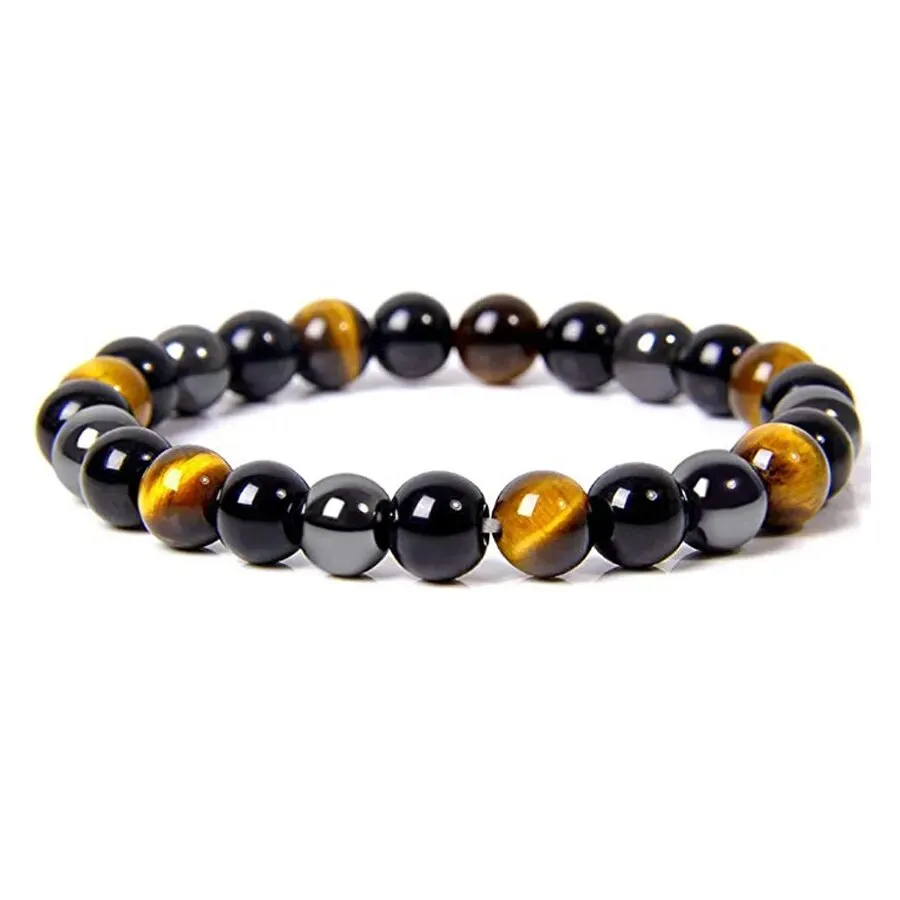 Natural Black Obsidian Hematite Tiger Eye Bead Bracelet