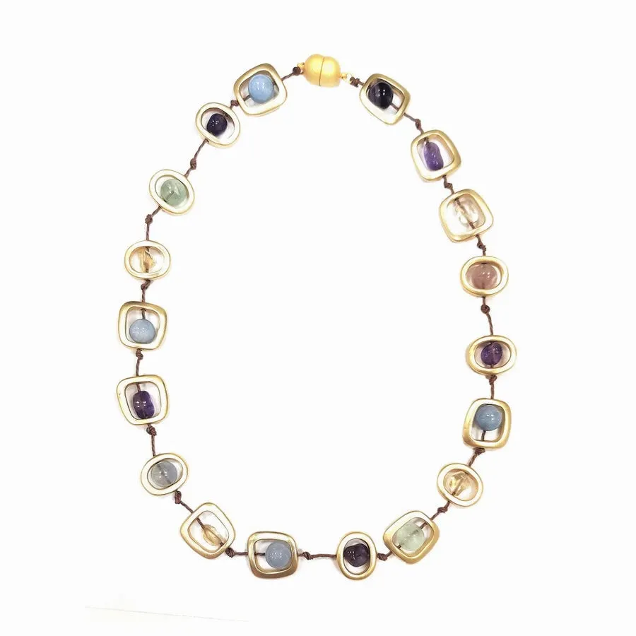 Natural Gemstone Brushed Gold Necklace Set