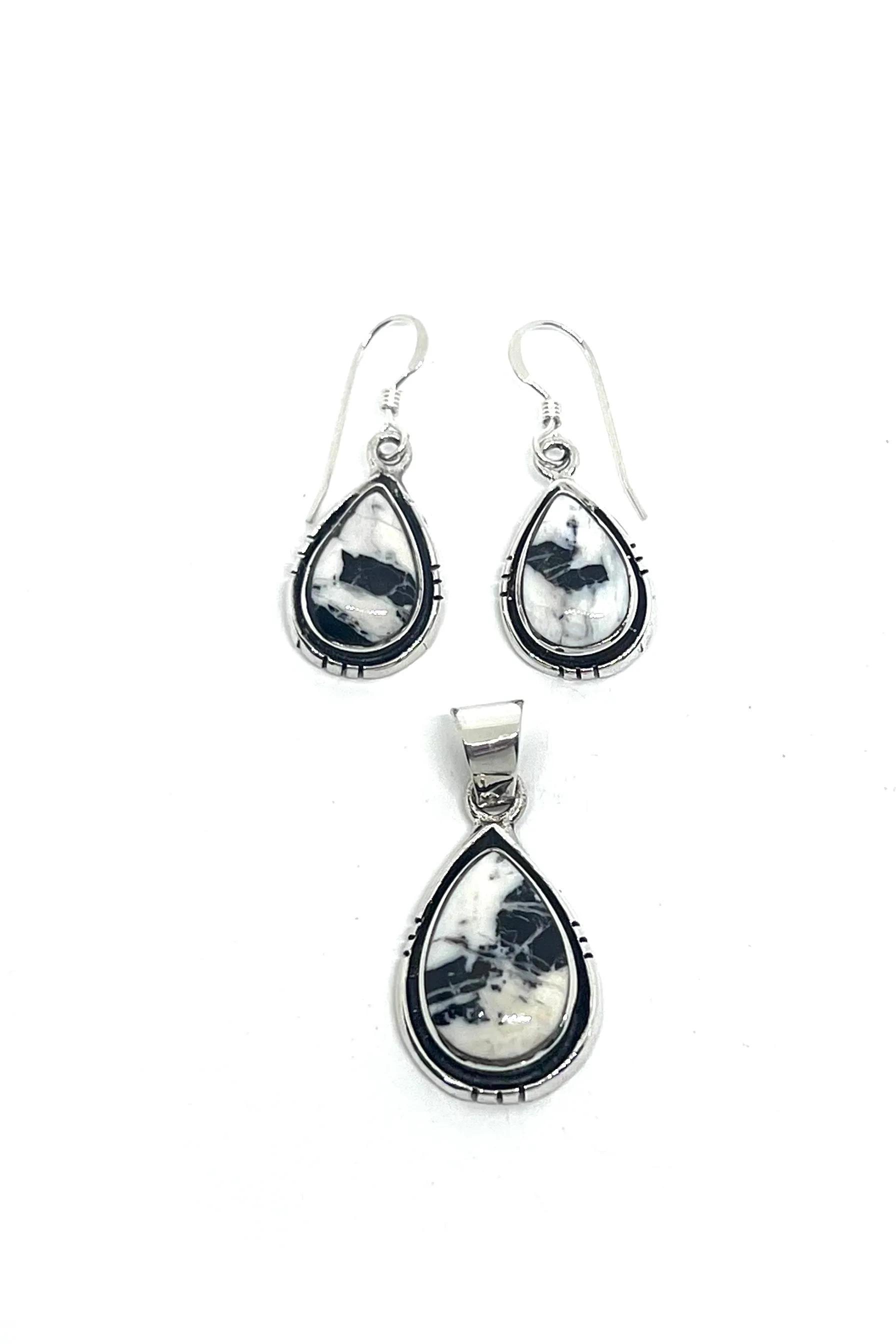 Navajo White Buffalo Stone Pendant & Earrings Set