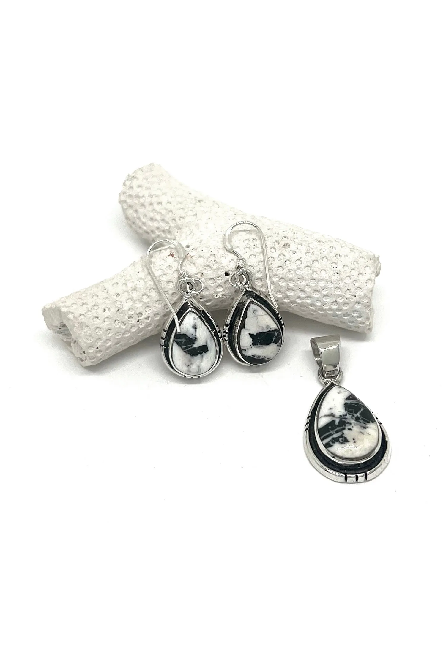 Navajo White Buffalo Stone Pendant & Earrings Set