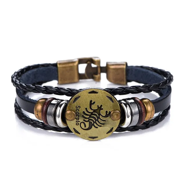 NEW Birthday Gift punk Zodiac Signs Aries Leo Bracelet Constellations charm men bracelets
