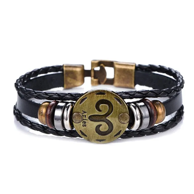 NEW Birthday Gift punk Zodiac Signs Aries Leo Bracelet Constellations charm men bracelets