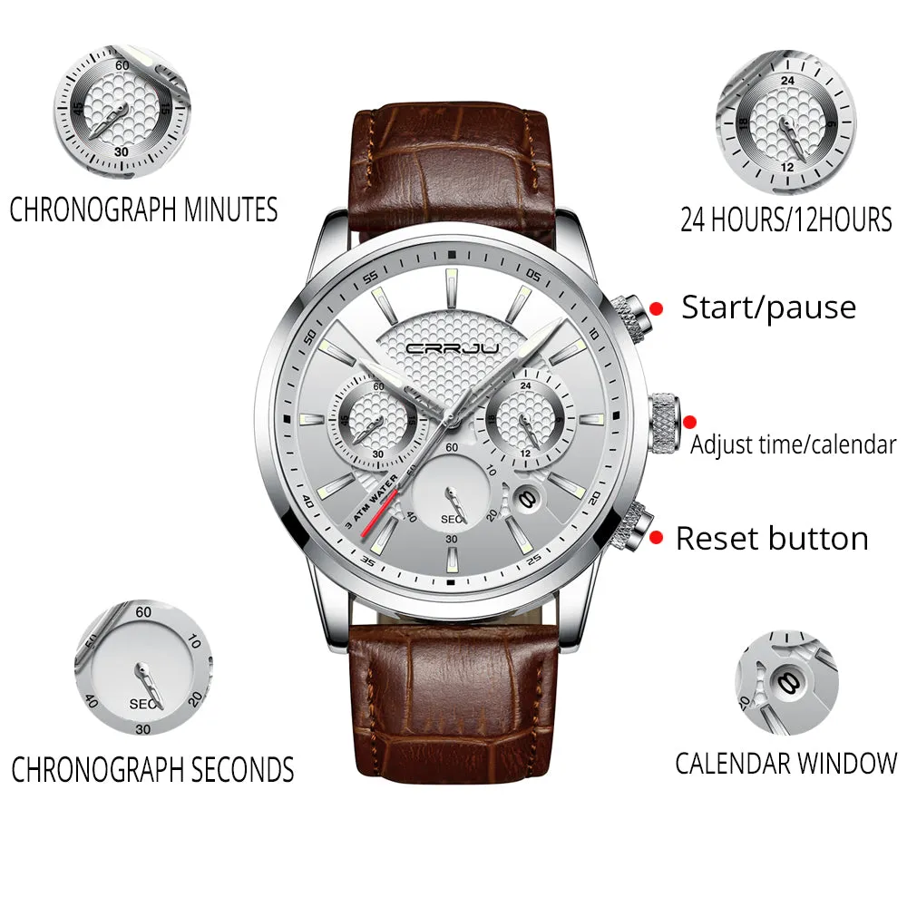 New Fashion Men Watches Analog Quartz Wristwatches 30M Waterproof Chronograph Sport Date Leather Band Watches