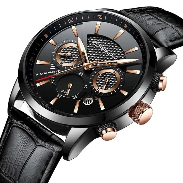 New Fashion Men Watches Analog Quartz Wristwatches 30M Waterproof Chronograph Sport Date Leather Band Watches