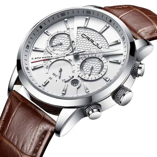 New Fashion Men Watches Analog Quartz Wristwatches 30M Waterproof Chronograph Sport Date Leather Band Watches