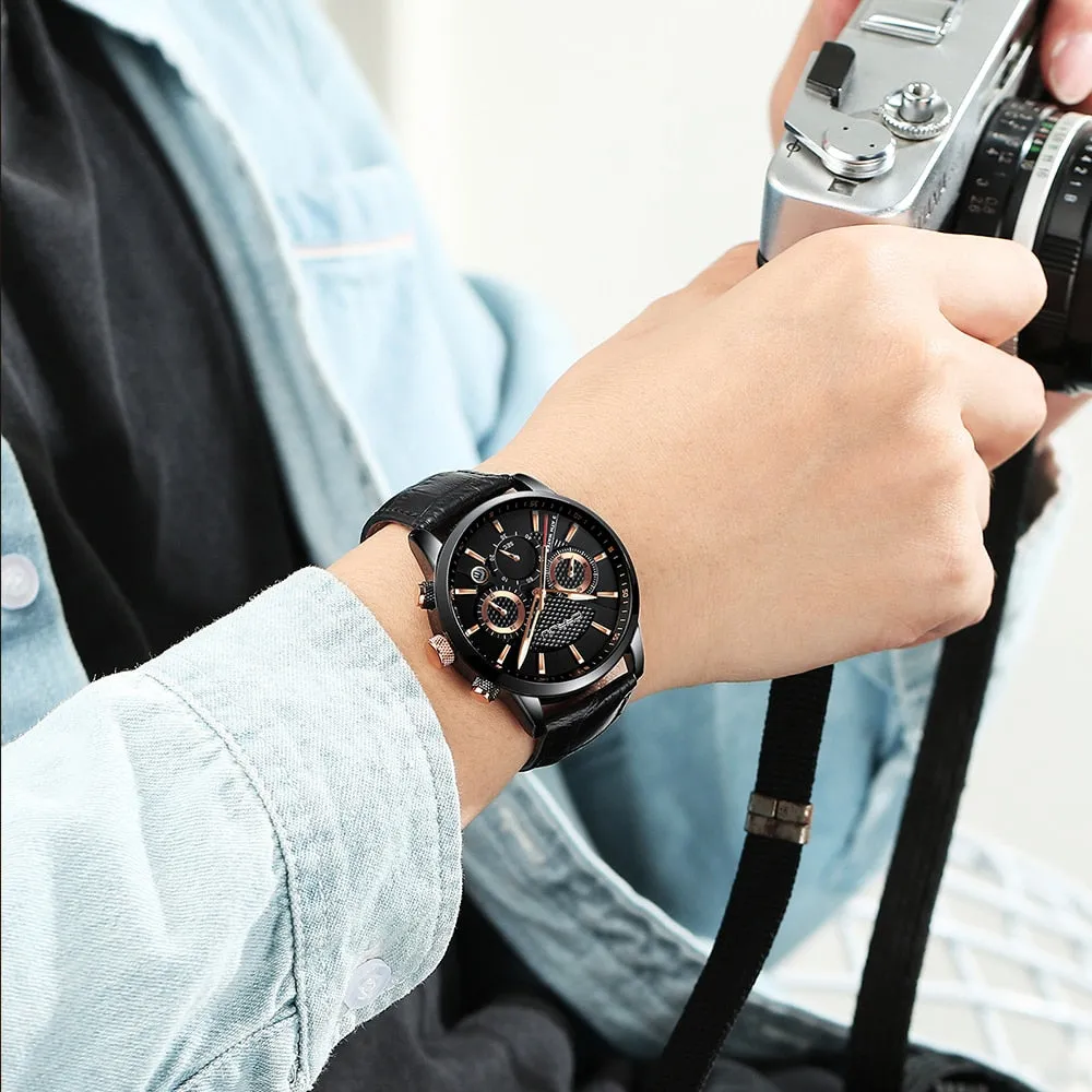 New Fashion Men Watches Analog Quartz Wristwatches 30M Waterproof Chronograph Sport Date Leather Band Watches