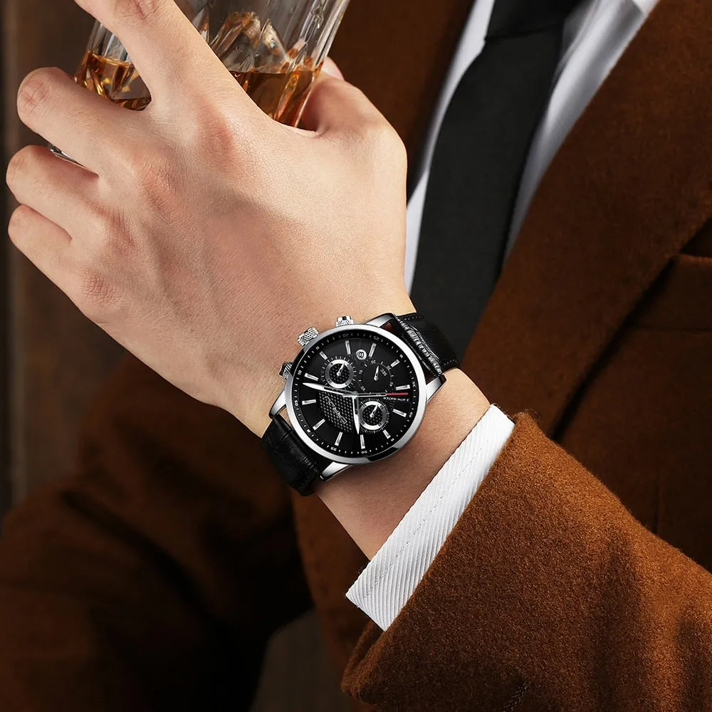 New Fashion Men Watches Analog Quartz Wristwatches 30M Waterproof Chronograph Sport Date Leather Band Watches
