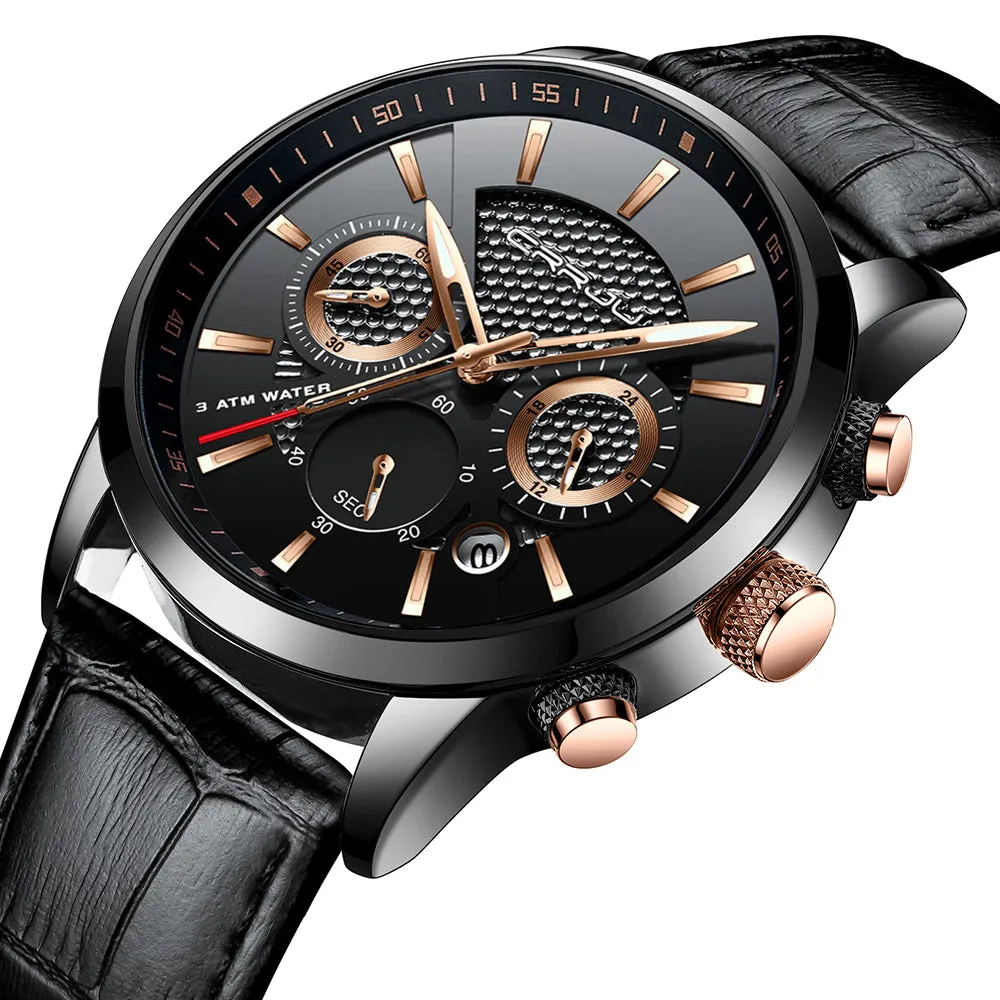 New Fashion Men Watches Analog Quartz Wristwatches 30M Waterproof Chronograph Sport Date Leather Band Watches