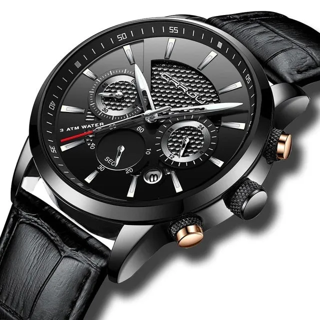 New Fashion Men Watches Analog Quartz Wristwatches 30M Waterproof Chronograph Sport Date Leather Band Watches