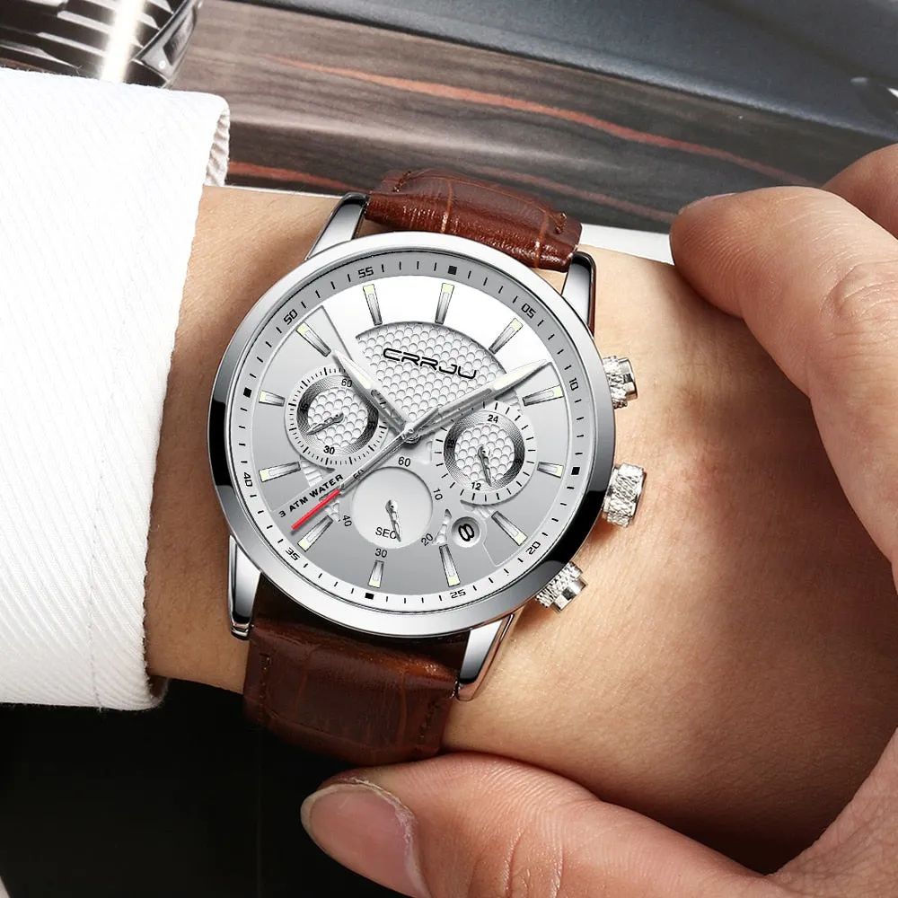 New Fashion Men Watches Analog Quartz Wristwatches 30M Waterproof Chronograph Sport Date Leather Band Watches