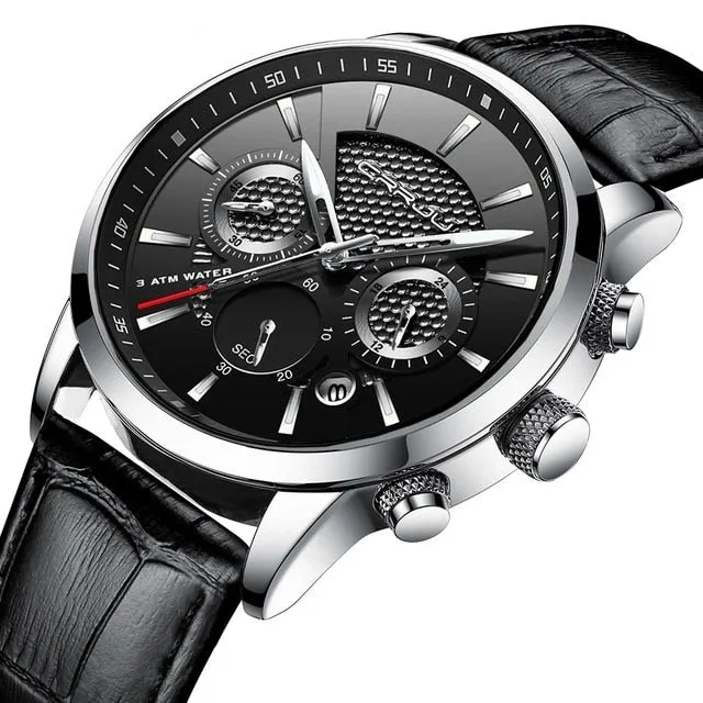 New Fashion Men Watches Analog Quartz Wristwatches 30M Waterproof Chronograph Sport Date Leather Band Watches