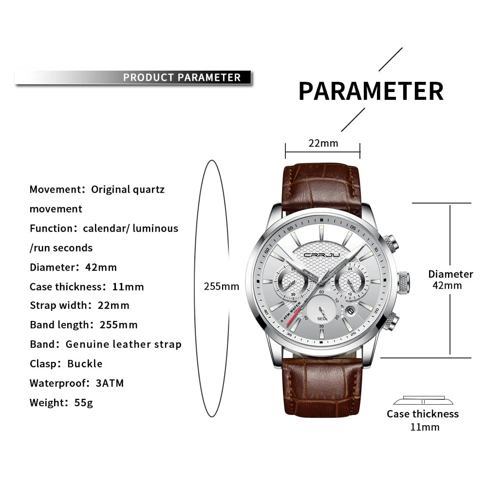 New Fashion Men Watches Analog Quartz Wristwatches 30M Waterproof Chronograph Sport Date Leather Band Watches