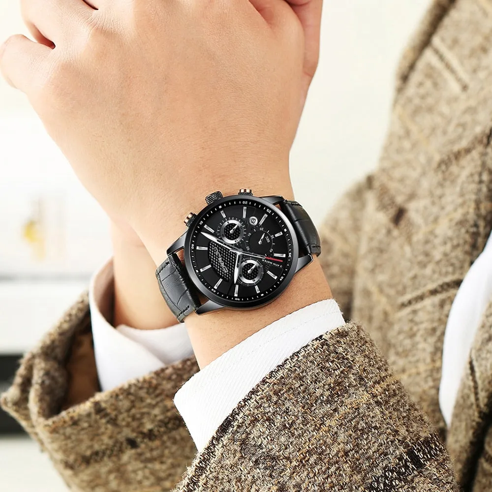 New Fashion Men Watches Analog Quartz Wristwatches 30M Waterproof Chronograph Sport Date Leather Band Watches