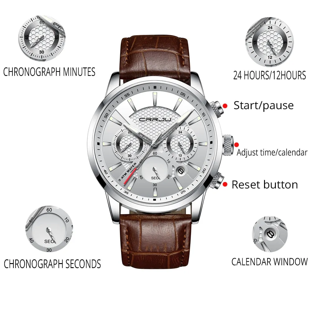 New Fashion Men Watches Analog Quartz Wristwatches 30M Waterproof Chronograph Sport Date Leather Band Watches