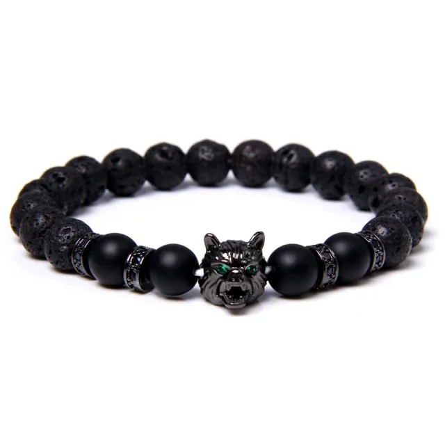 New Handmade 8mm Beaded Bracelet Men Natural Stone Blue Tiger Eye Beads Bracelet Black Wolf Head Charm Energy Bracelet Jewelry