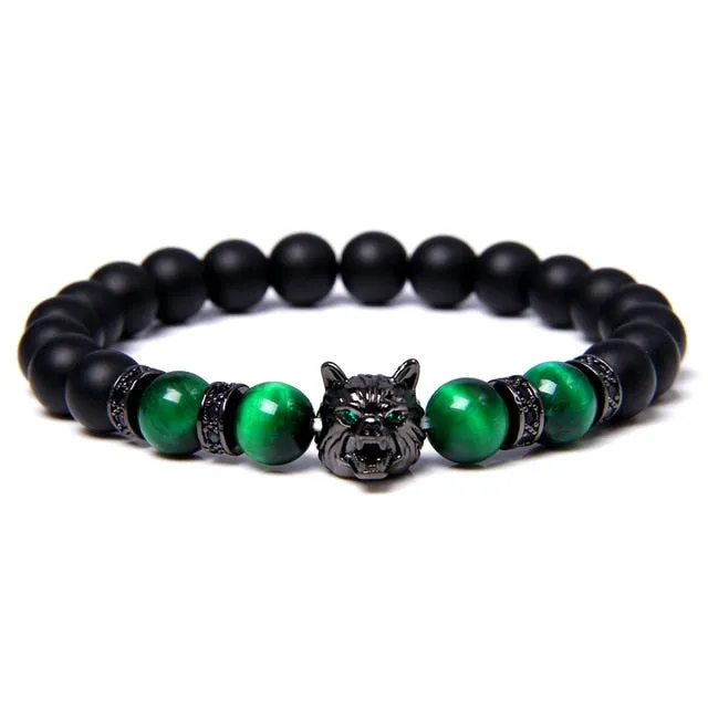 New Handmade 8mm Beaded Bracelet Men Natural Stone Blue Tiger Eye Beads Bracelet Black Wolf Head Charm Energy Bracelet Jewelry