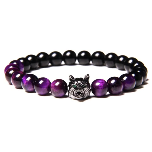 New Handmade 8mm Beaded Bracelet Men Natural Stone Blue Tiger Eye Beads Bracelet Black Wolf Head Charm Energy Bracelet Jewelry