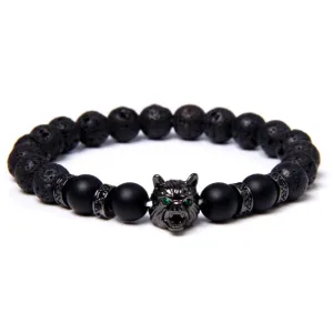 New Handmade 8mm Beaded Bracelet Men Natural Stone Blue Tiger Eye Beads Bracelet Black Wolf Head Charm Energy Bracelet Jewelry